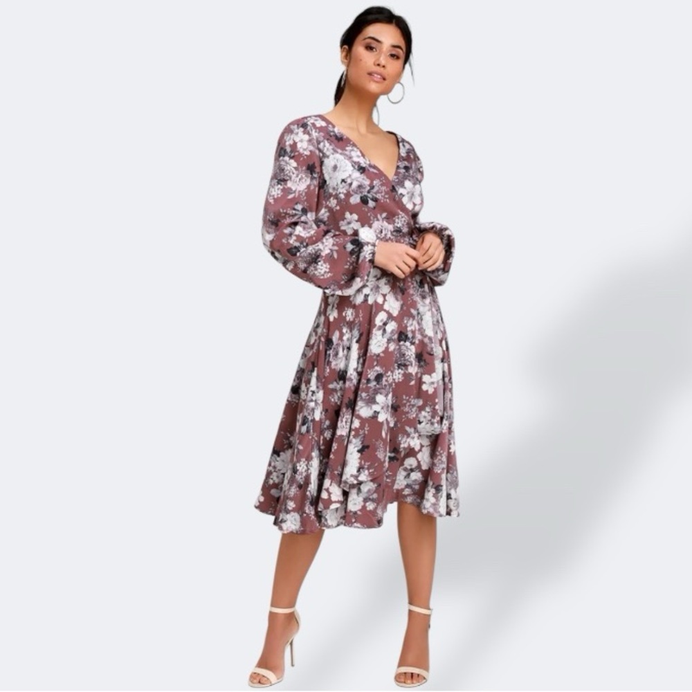 NWT Lulus Lunette Dusty Purple Floral Print Midi Wrap Dress | Size S